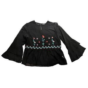 Primark Sheer Bell Sleeve Peplum Blouse Shirt Top Sz 12 Black Floral Dot Texture